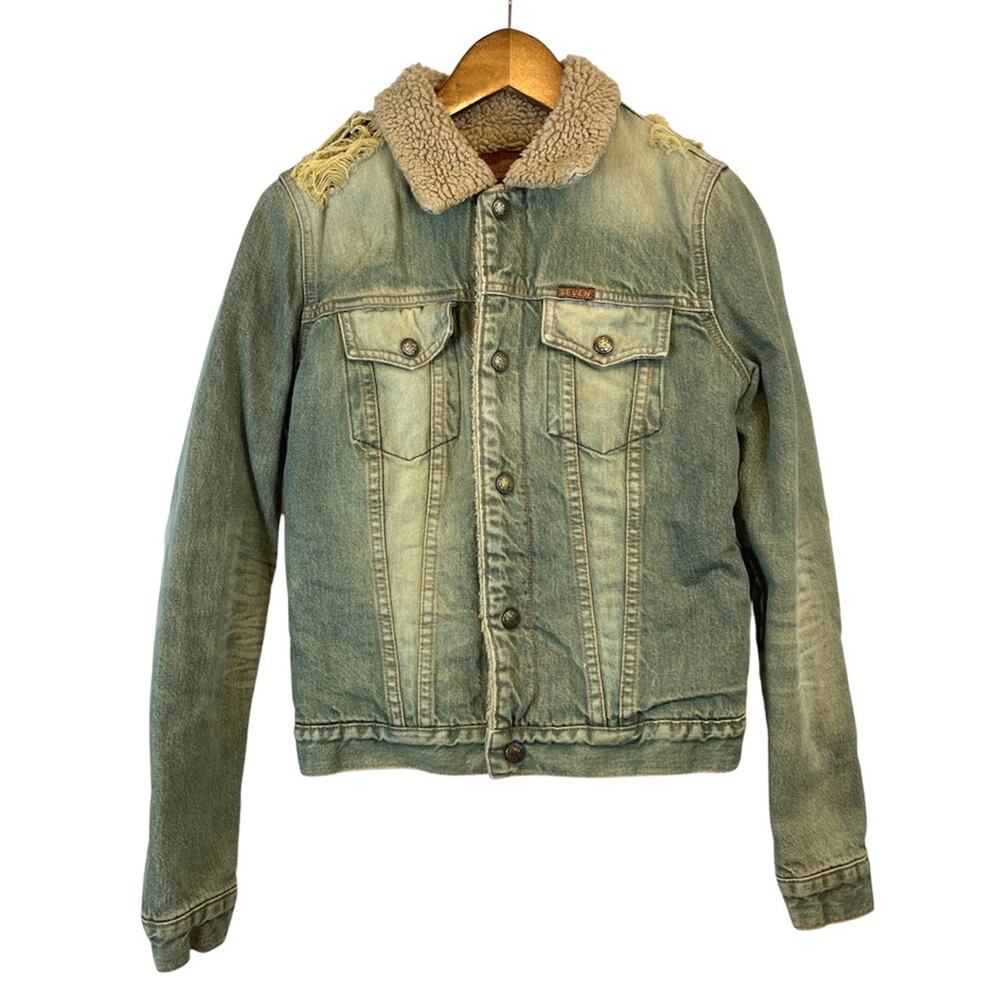7 FOR ALL MANKIND Vintage Y2K Distressed Sherpa Lined Jean Jacket Western